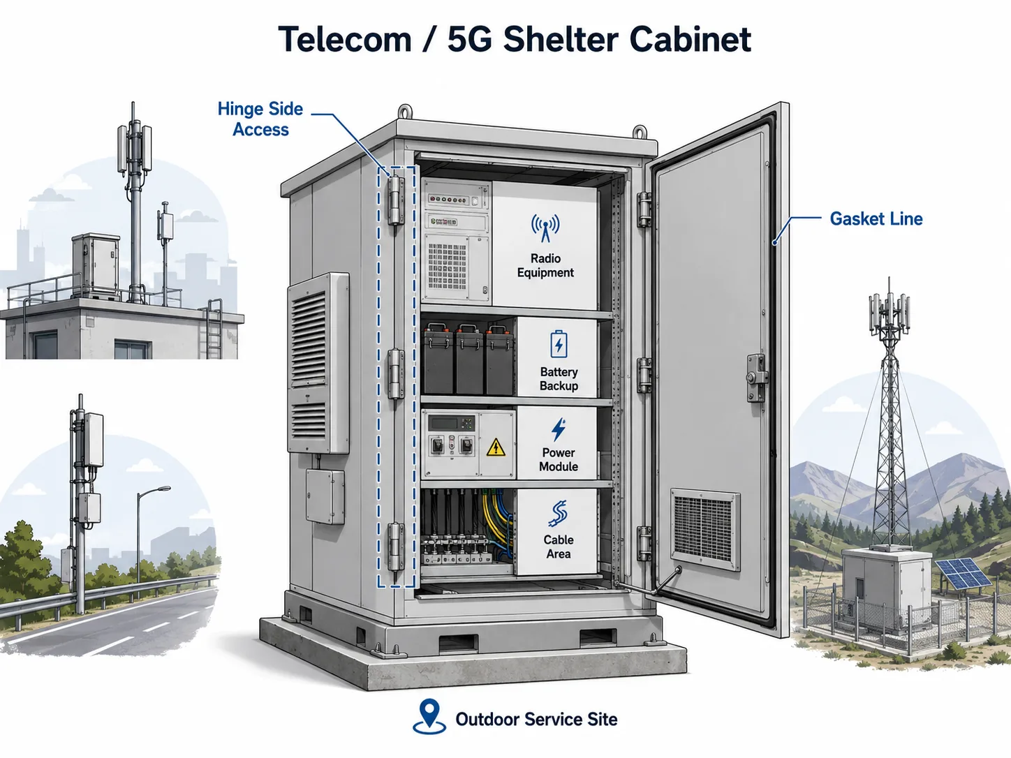 Telecom shelter cabinet door showing outdoor hinge-side access and service hardware