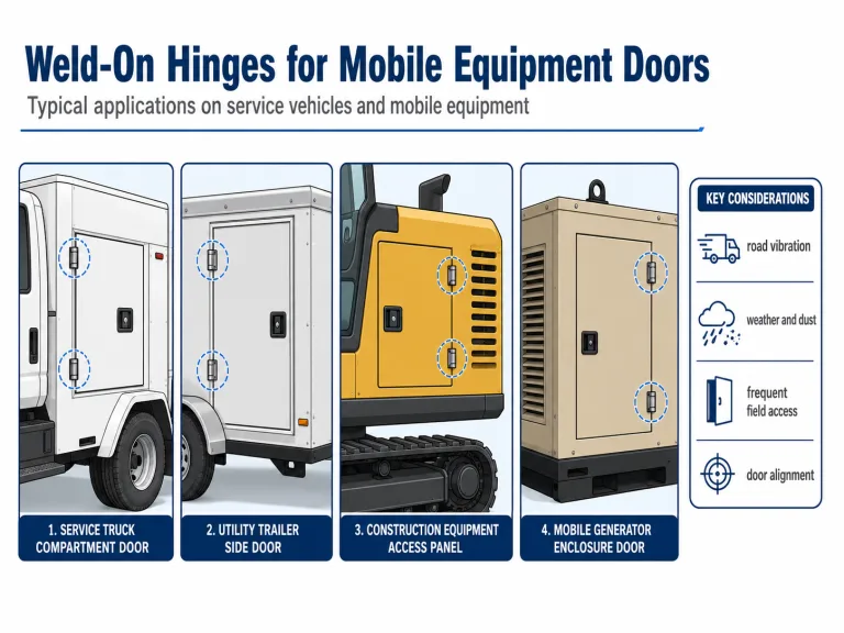 Weld-on hinges for mobile equipment service truck trailer and access doors