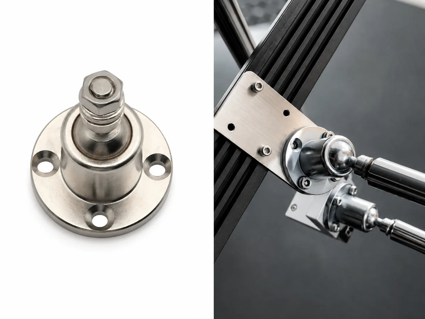 Ball-joint torque hinge positioning a component on custom industrial equipment