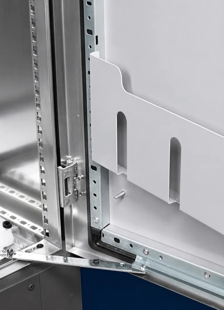 Cabinet door hinge mounting interface detail showing hinge side frame and gasket area
