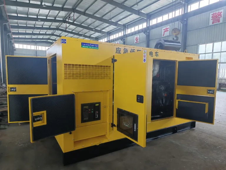 Generator enclosure service doors with surface-mounted hinges for engine access and maintenance