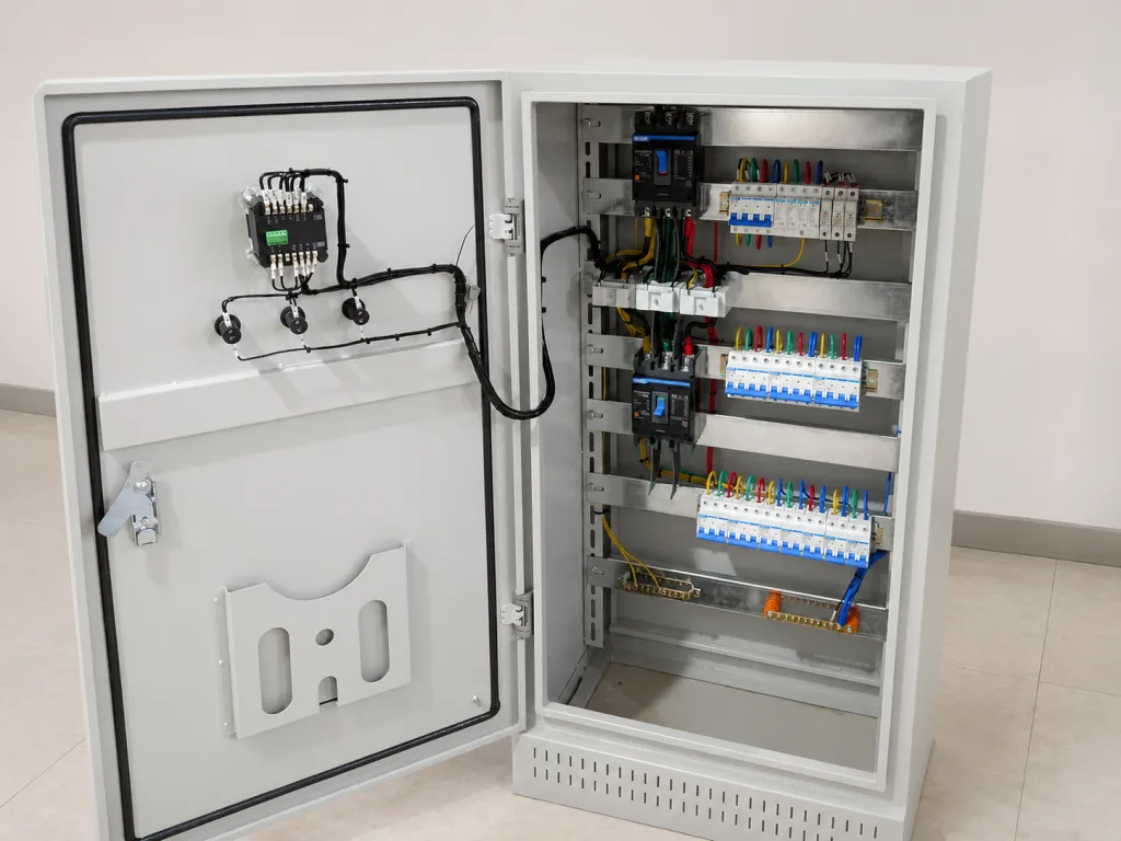 Bisagras de apertura en la puerta de un armario de distribución eléctrica que permiten el acceso para el mantenimiento sin necesidad de herramientas