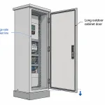 Long outdoor cabinet door showing hinge-side gasket line and service door layout