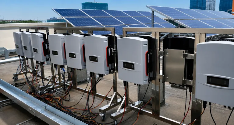Rooftop solar inverter enclosures showing outdoor service access and PV installation conditions
