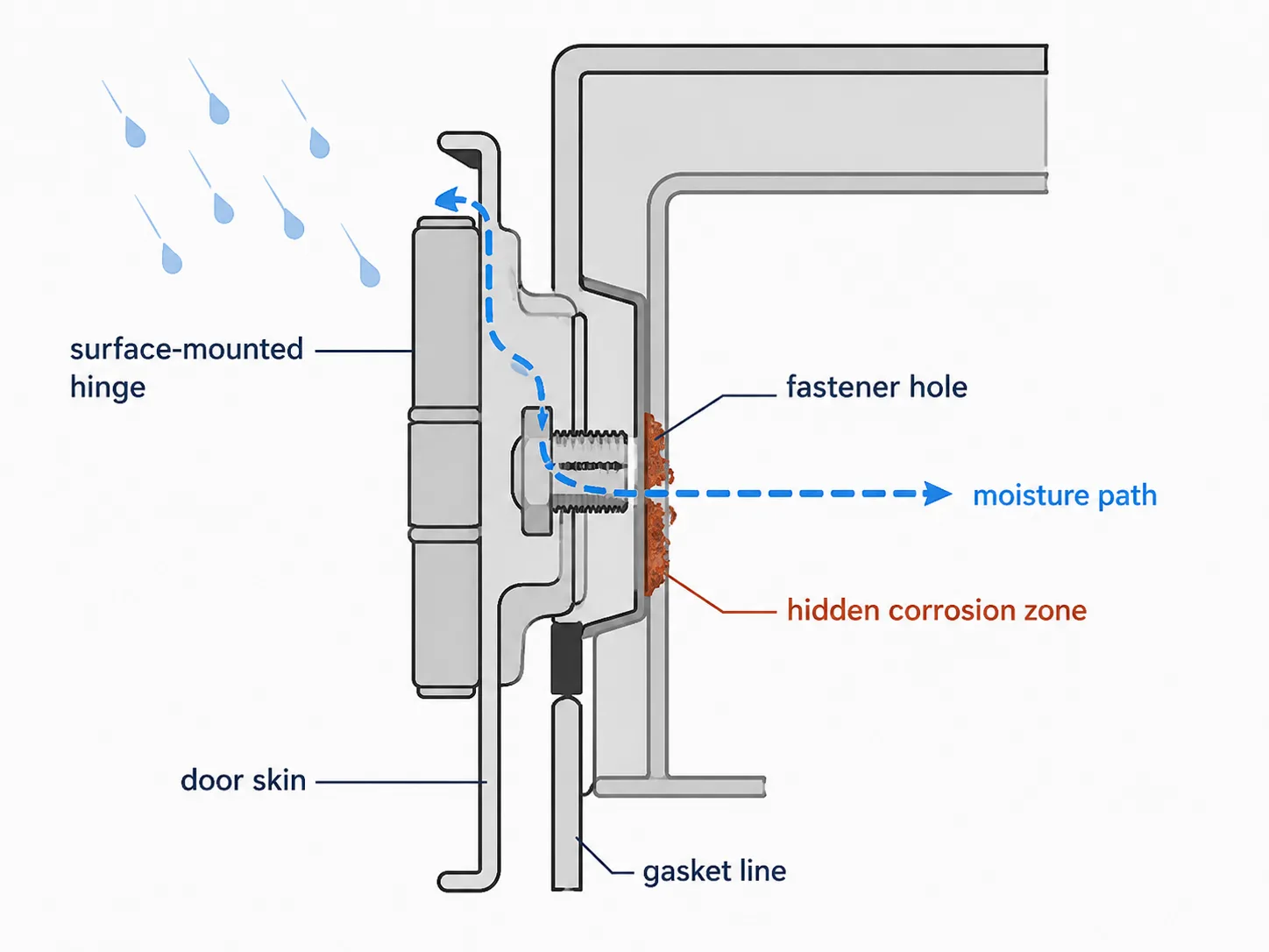 Through-fastened cabinet hinge showing moisture path through the fastener hole and hidden corrosion zone