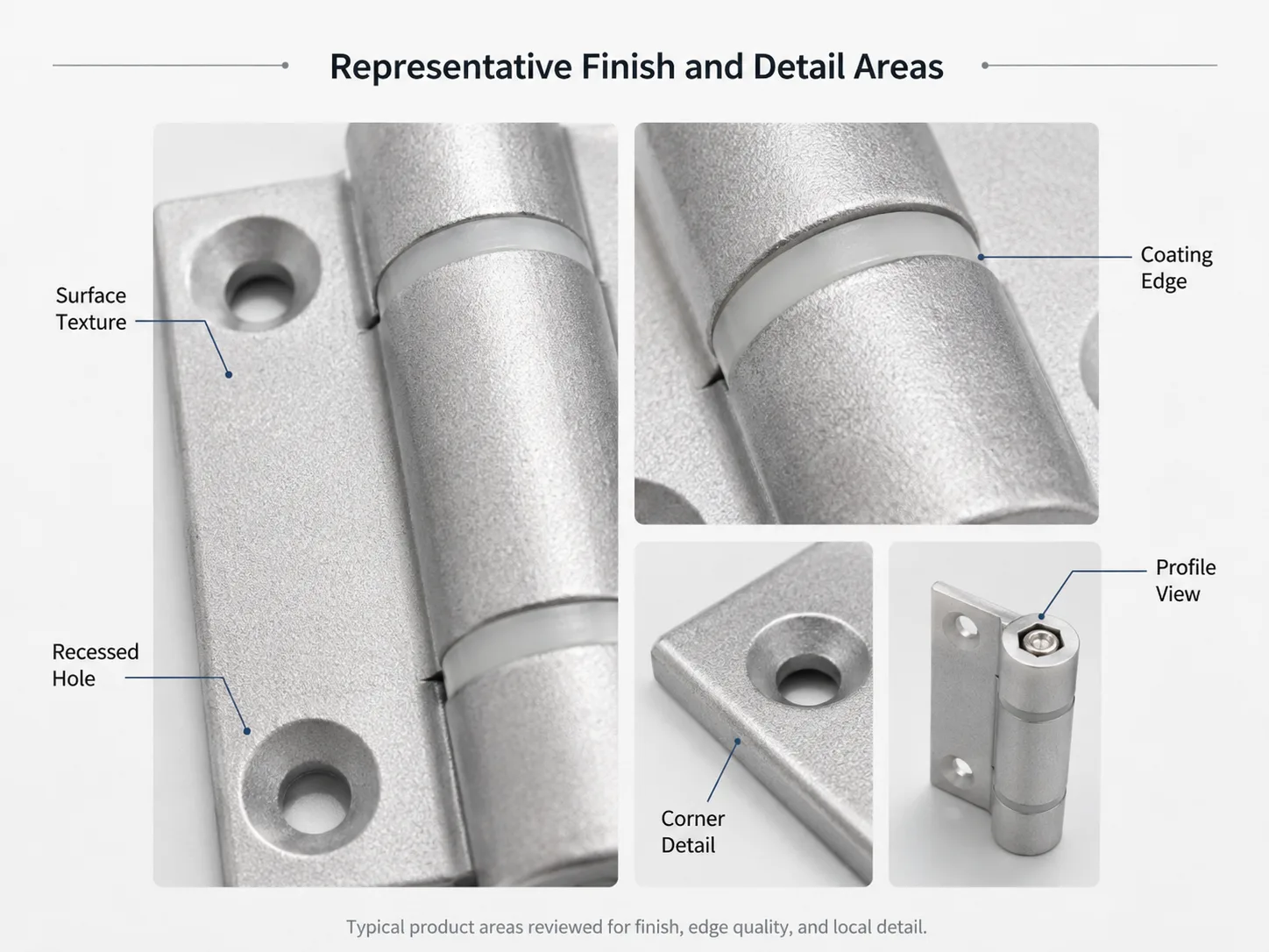 Die-cast hinge surface finish coating edge and recessed hole details