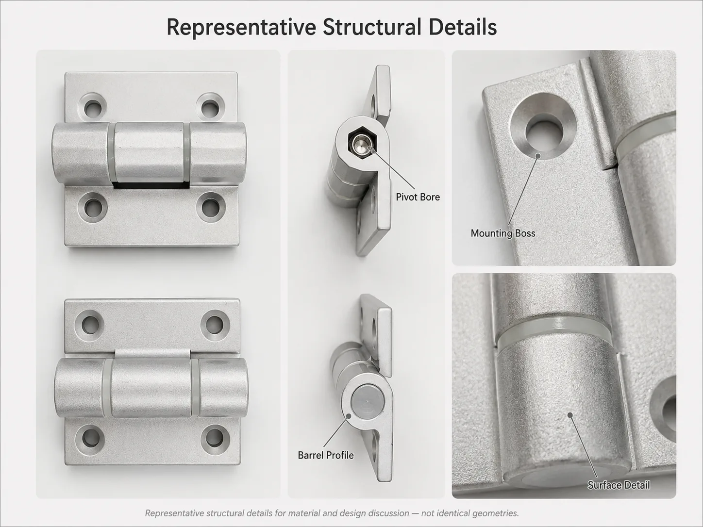 Structural details of representative zinc and aluminum die-cast hinge designs