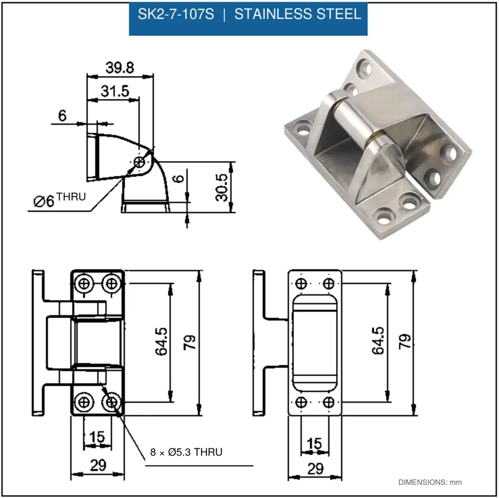 SK2-7-107S reinforced industrial hinge mounting envelope and hole layout. Dimensions are shown in millimetres.
