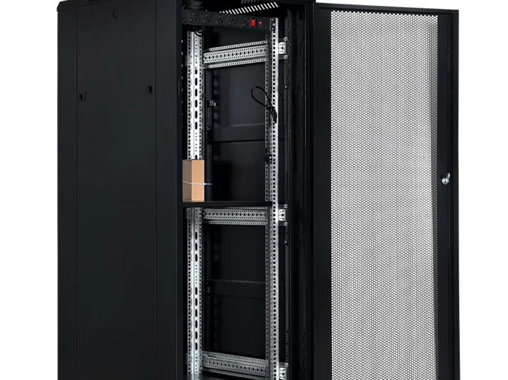 Open network cabinet door with hinge-side frame and perforated door panel
