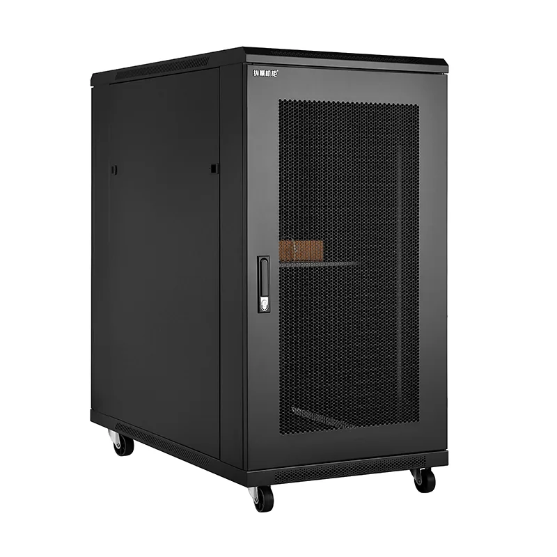 Hinge mounting edge beside the perforated area of a server rack front door