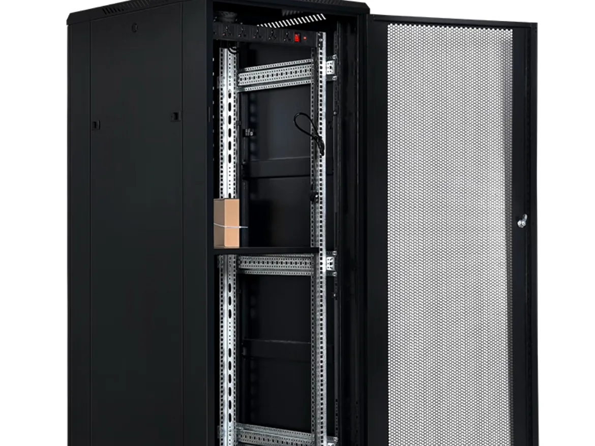 Open server rack cabinet with front door, hinge side frame, and internal access rails